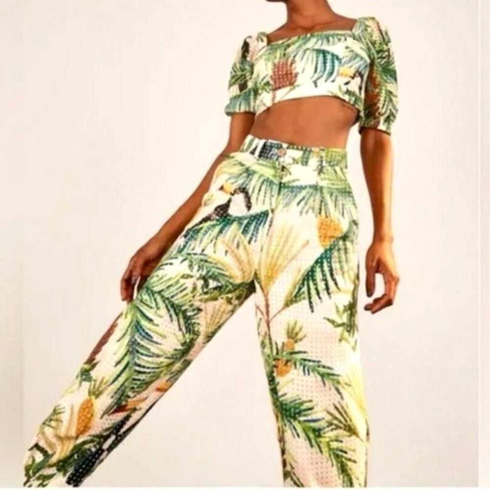 NEW FARM Rio Toucan Paradise Eyelet Pants Tropical Toucan Bird Yellow Size L